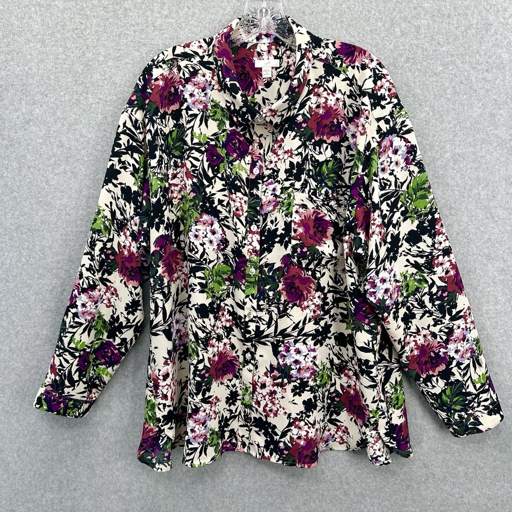 J Jill Women's Plus Size 2X Floral‎ Long Sleeve Blouse Button Cuff Round Hem